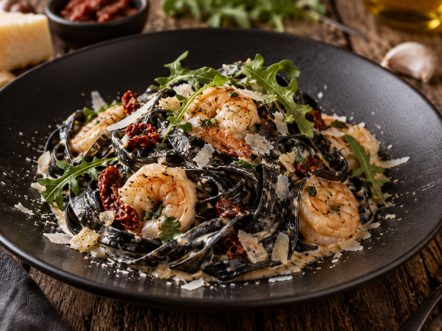 Czarne tagliatelle z krewetkami