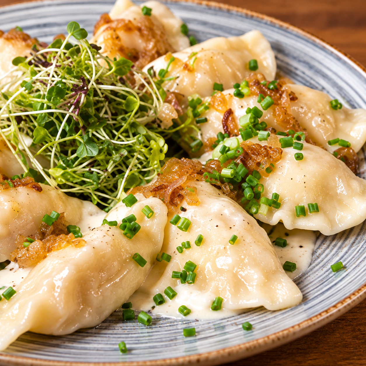 Pierogi ruskie / okrasa z cebulki / szczypiorek