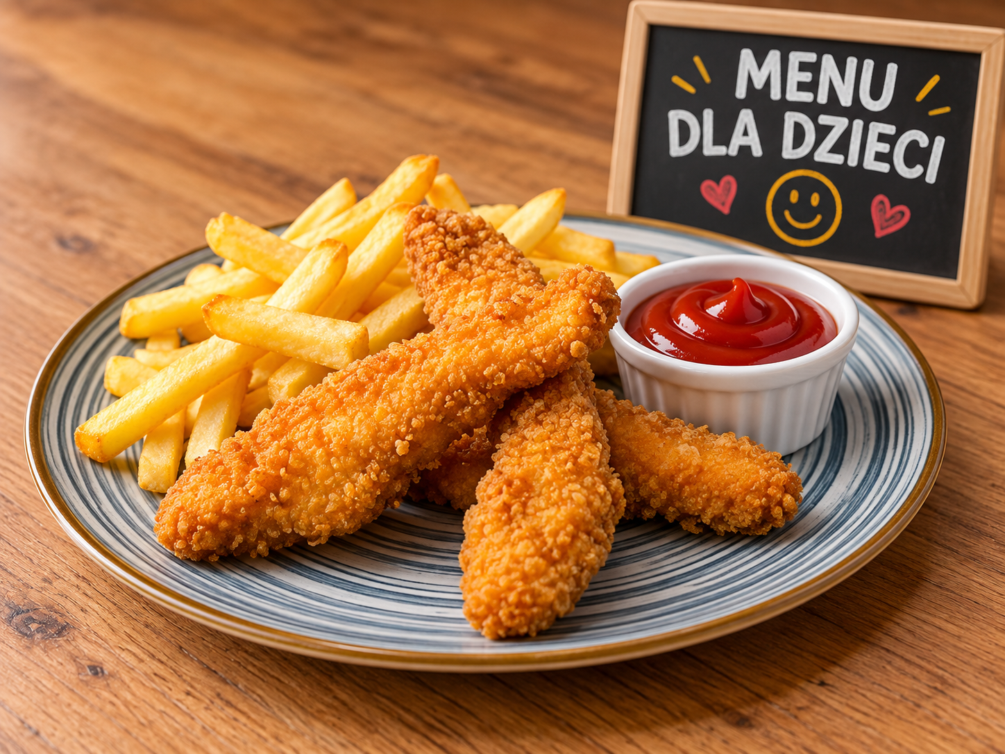 Chrupiące stripsy z kurczaka, frytki, ketchup